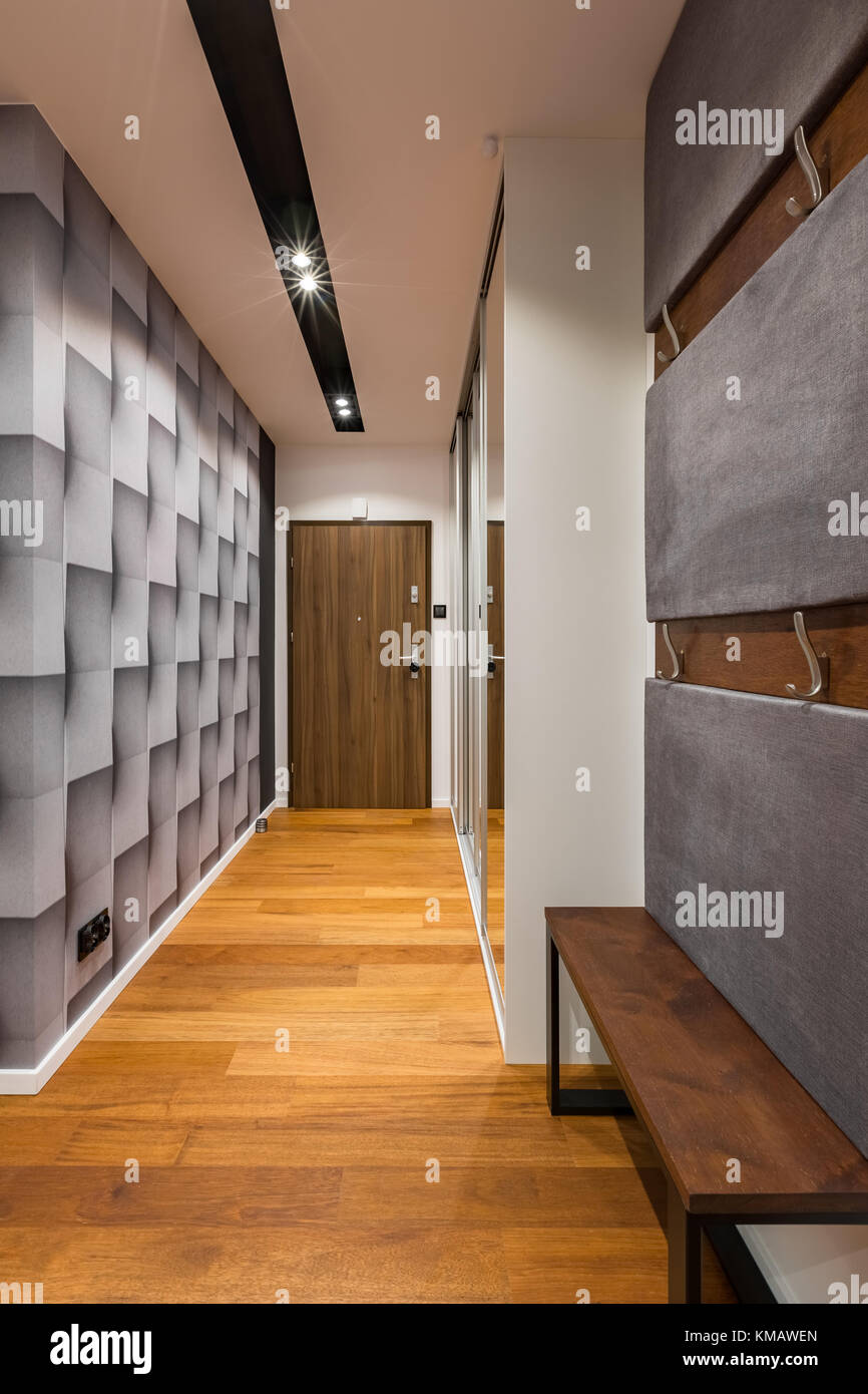 Entryway with modern 3d wallpaper and ceiling lighting Stock Photo Alamy