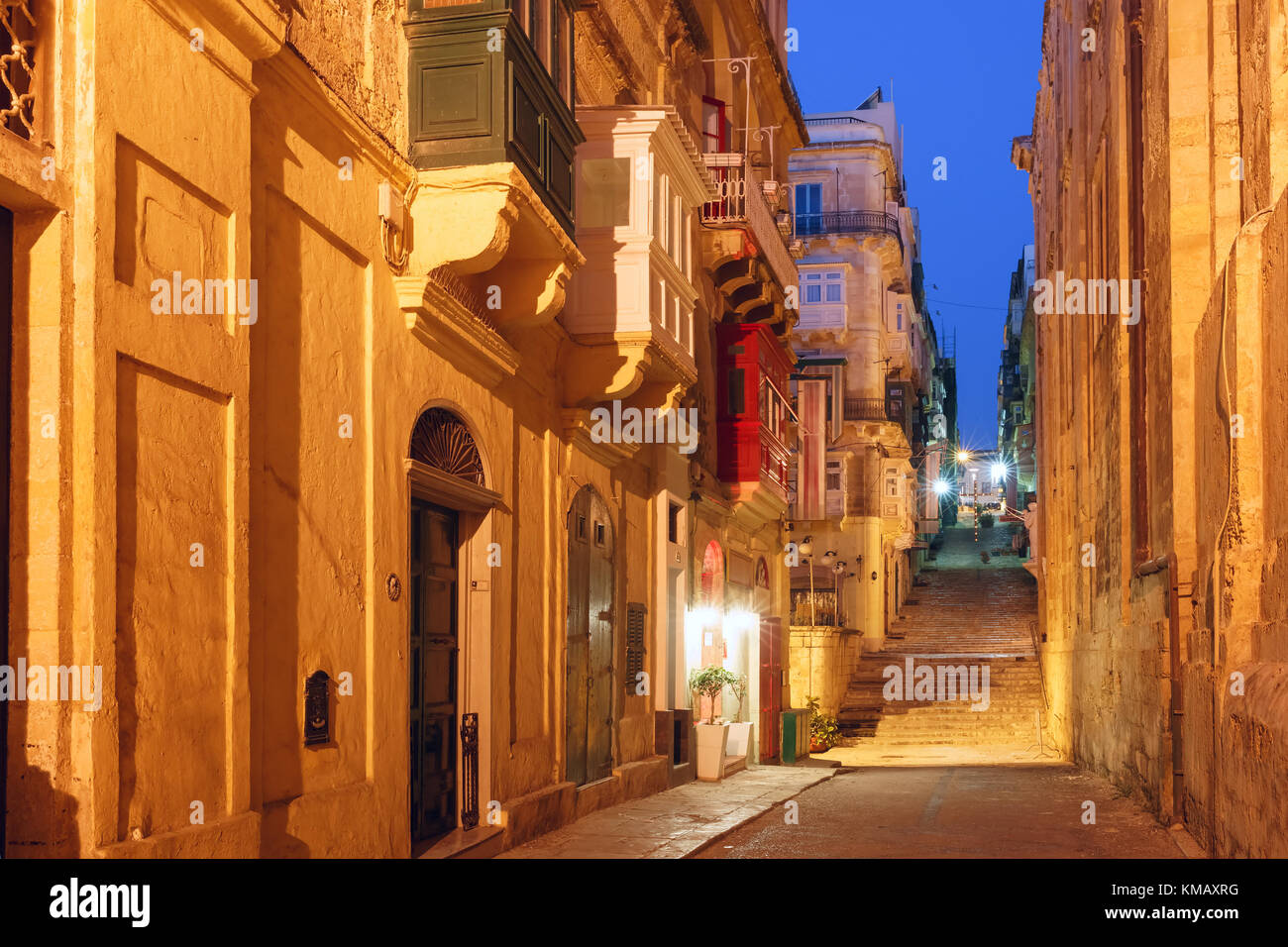 Night street in old town of Valletta, Malta Stock Photo