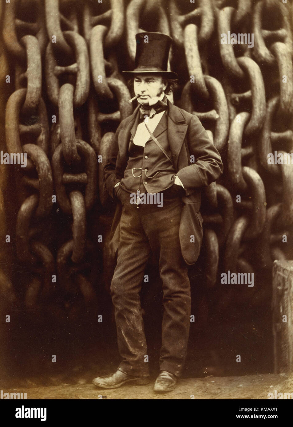 Isambard Kingdom Brunel portrait standing by launch chains of the Great Eastern by Robert Howlett at Millwall 1857 Stock Photo