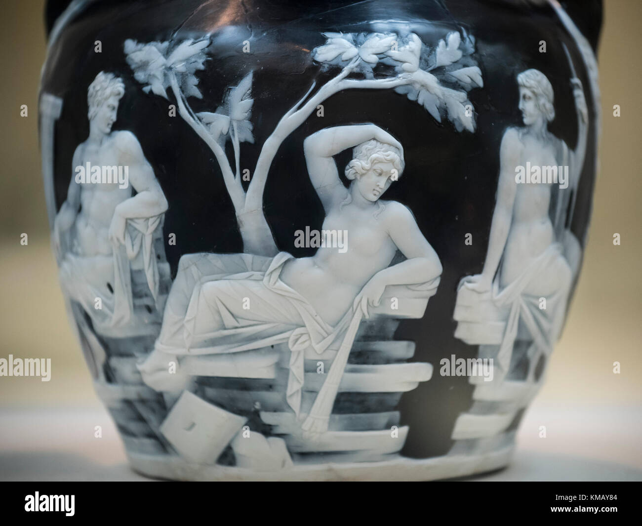 London. England. The Portland Vase, detail depicting mythological scenes of love and marriage, British Museum, from Rome, Italy, ca. 5-25 A.D. Stock Photo