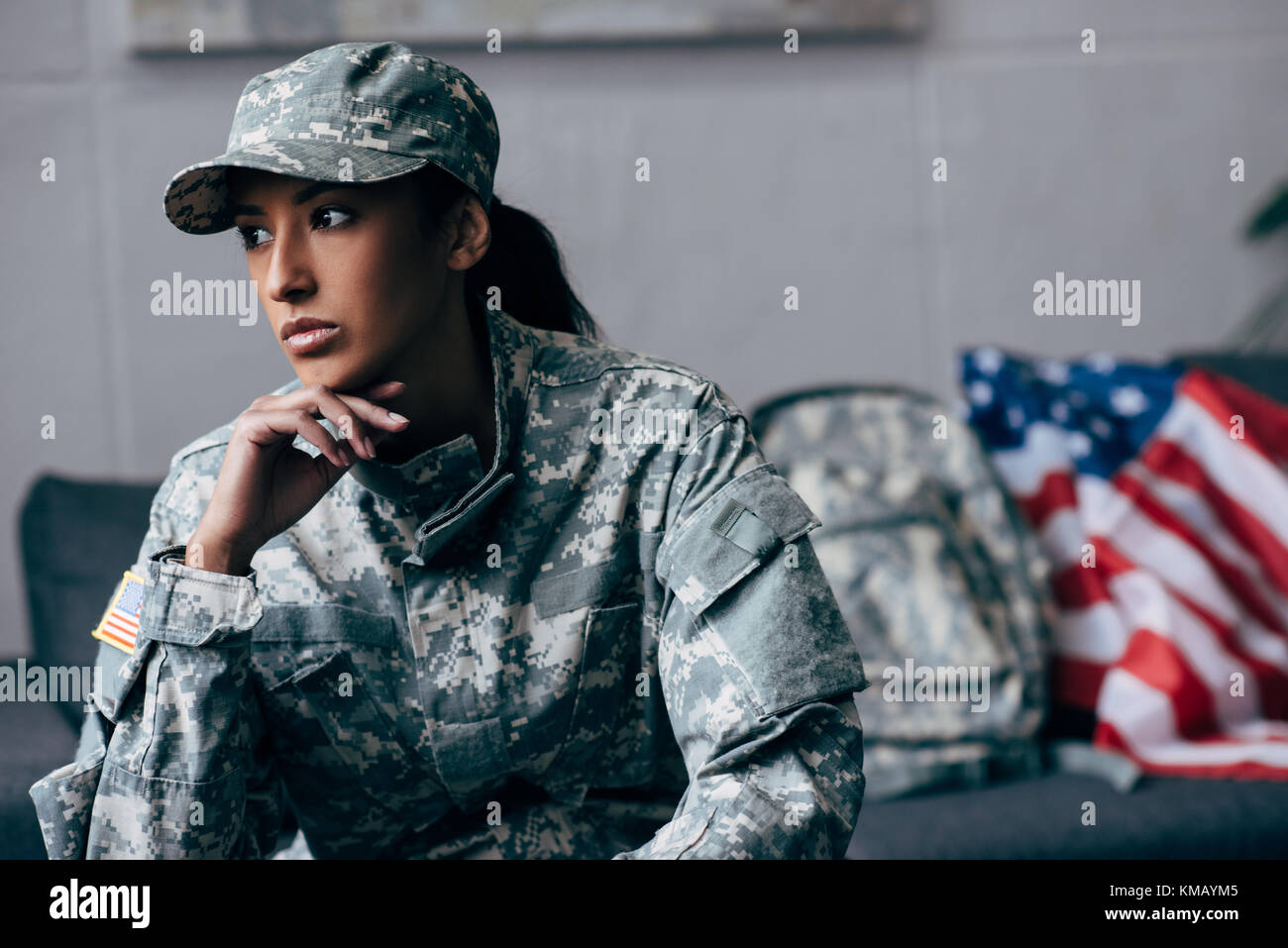 pensive african american female soldier Stock Photo