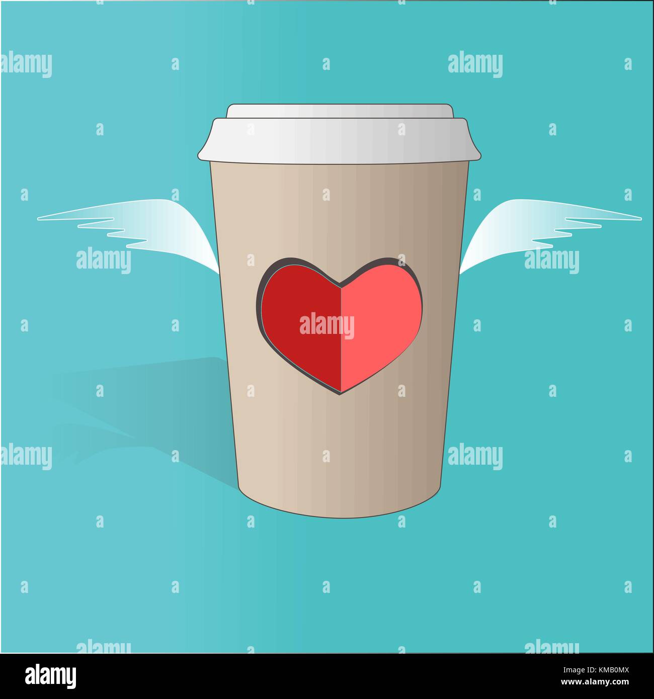 Illustration of flying paper coffee cup with heart and wings on blue