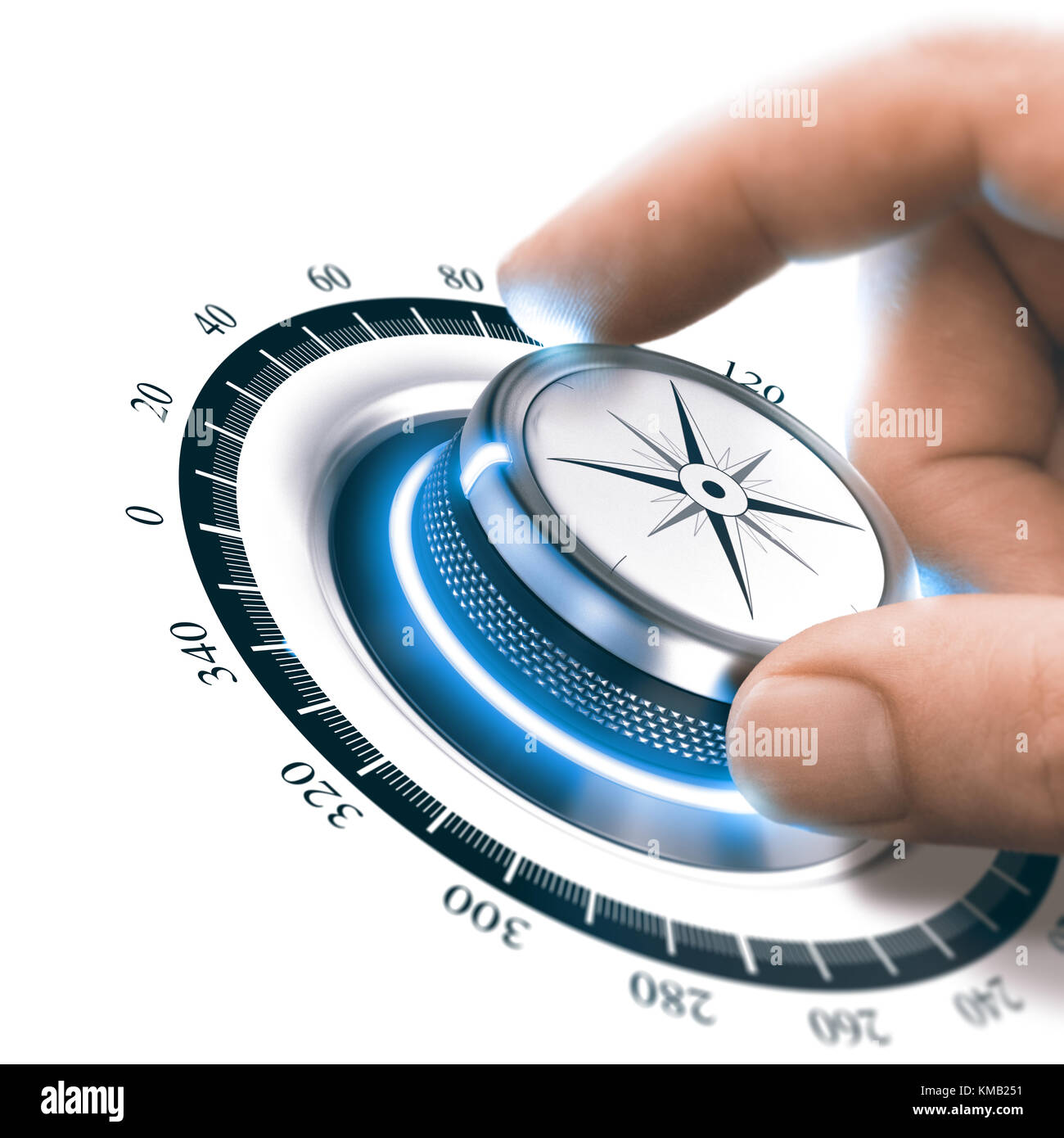 Hand turning a compass knob to the 360 degree position. Advertising or Marketing concept. Composite between a photography and a 3D background. Stock Photo