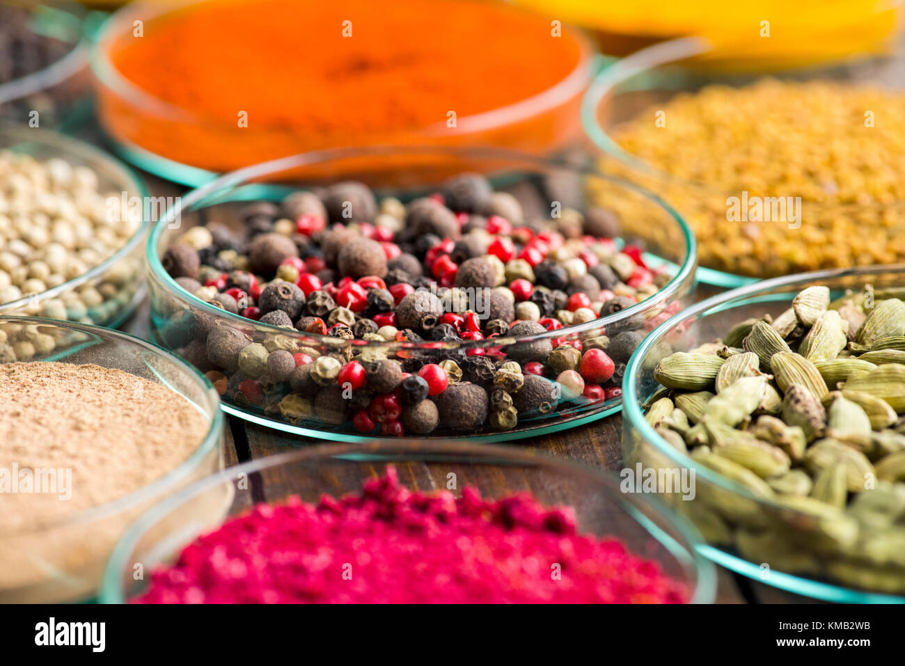Glass bowls with different spices Stock Photo Alamy