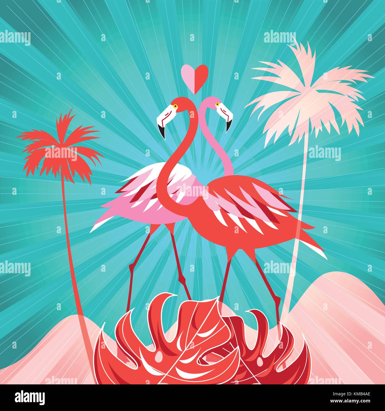 Tropical illustration with palm trees and flamingos on a background with rays of sun Stock Vector