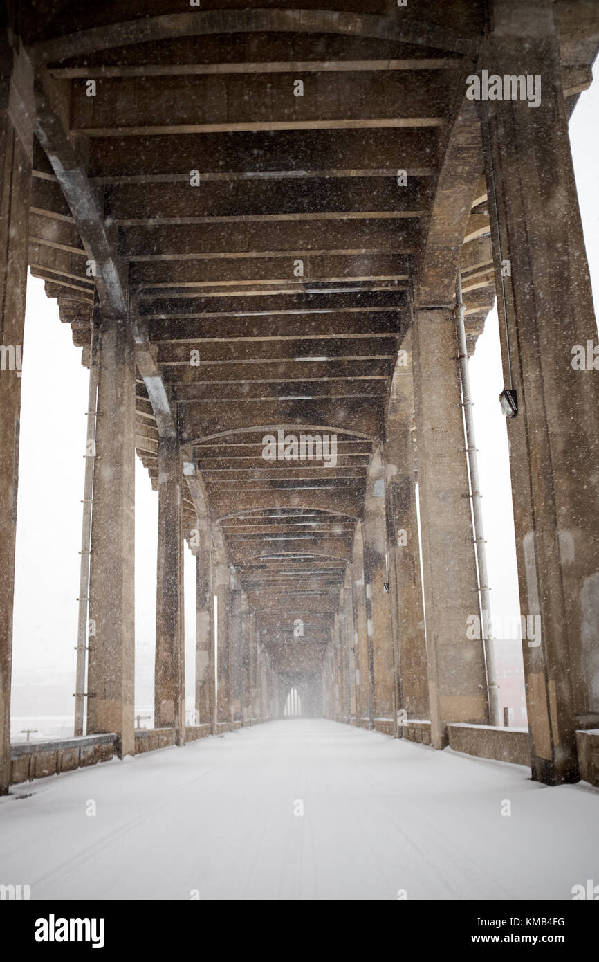 12th Street bridge in winter with snow, Kansas, USA and a cold mist