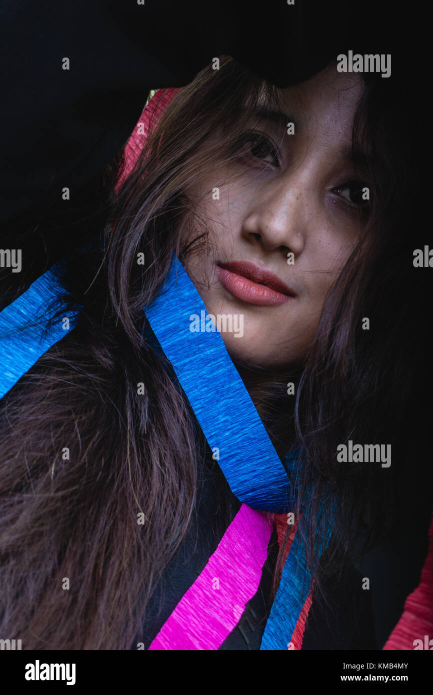 Girl playing and posing with ribbons Stock Photo - Alamy