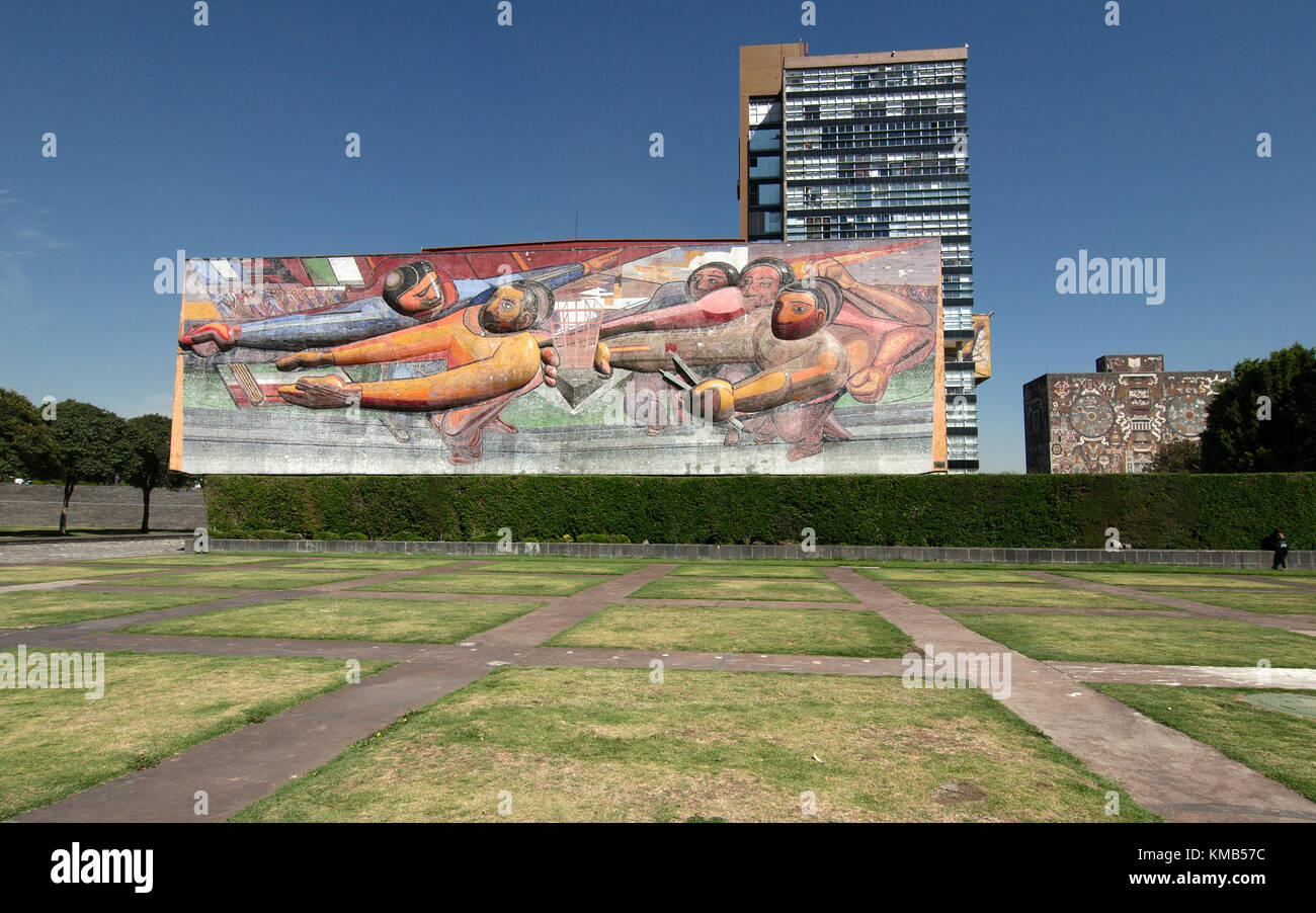 Mexico City, Mexico - 2017: David Alfaro Siqueiros mural at UNAM. Title: El pueblo a la Universidad, la Universidad al pueblo. Stock Photo