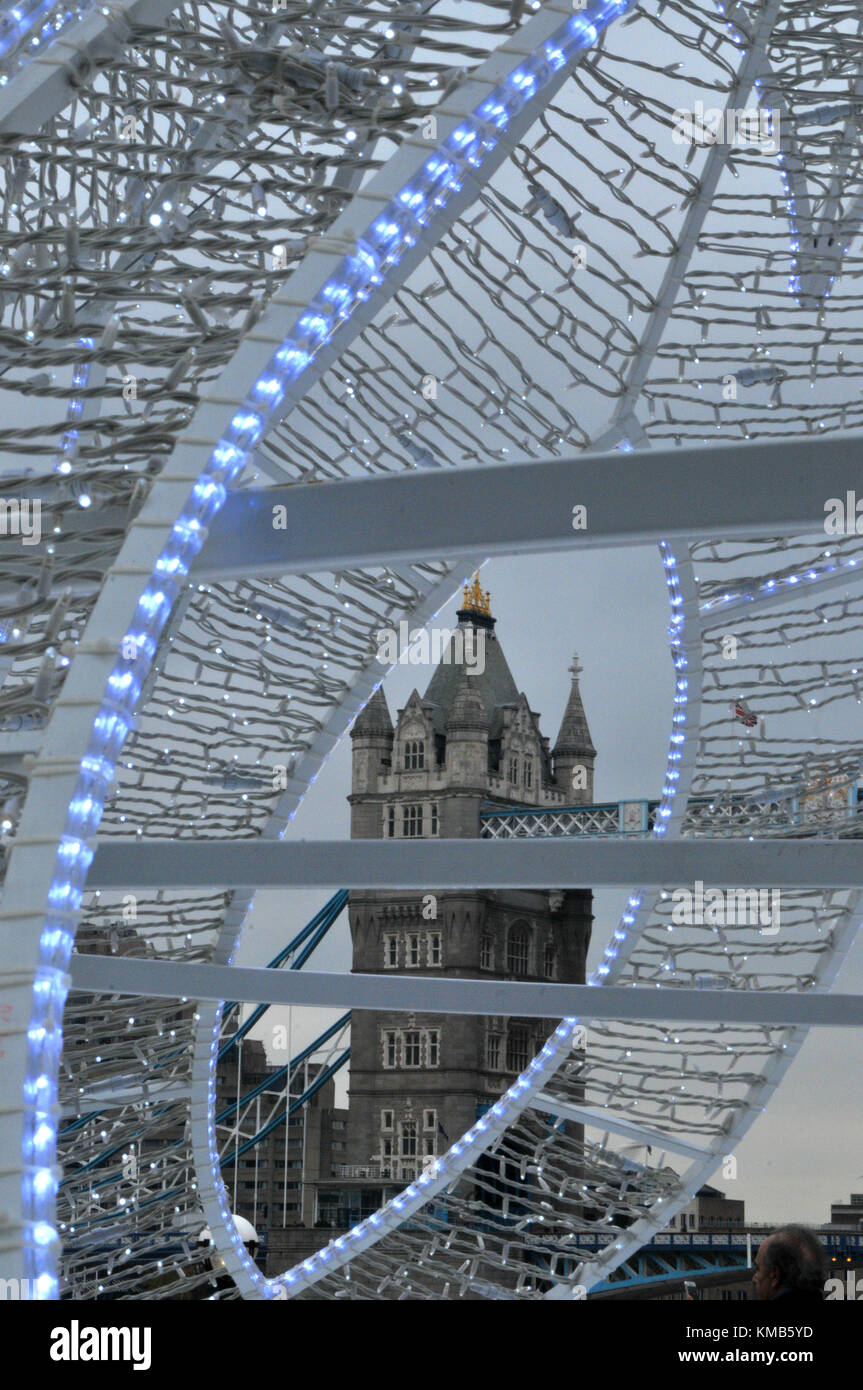 Christmas lights at tower bridge London landmark surrounding one of the