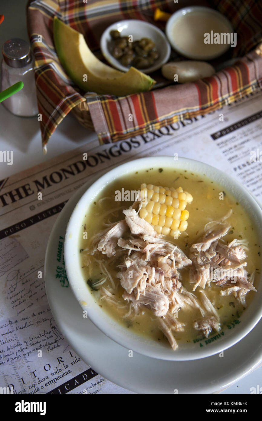 Ajiaco, a traditional Colombian stew, is usually made with chicken, potatoes, corn, and a native herb called guascas. Recipes vary throughout Colombia Stock Photo
