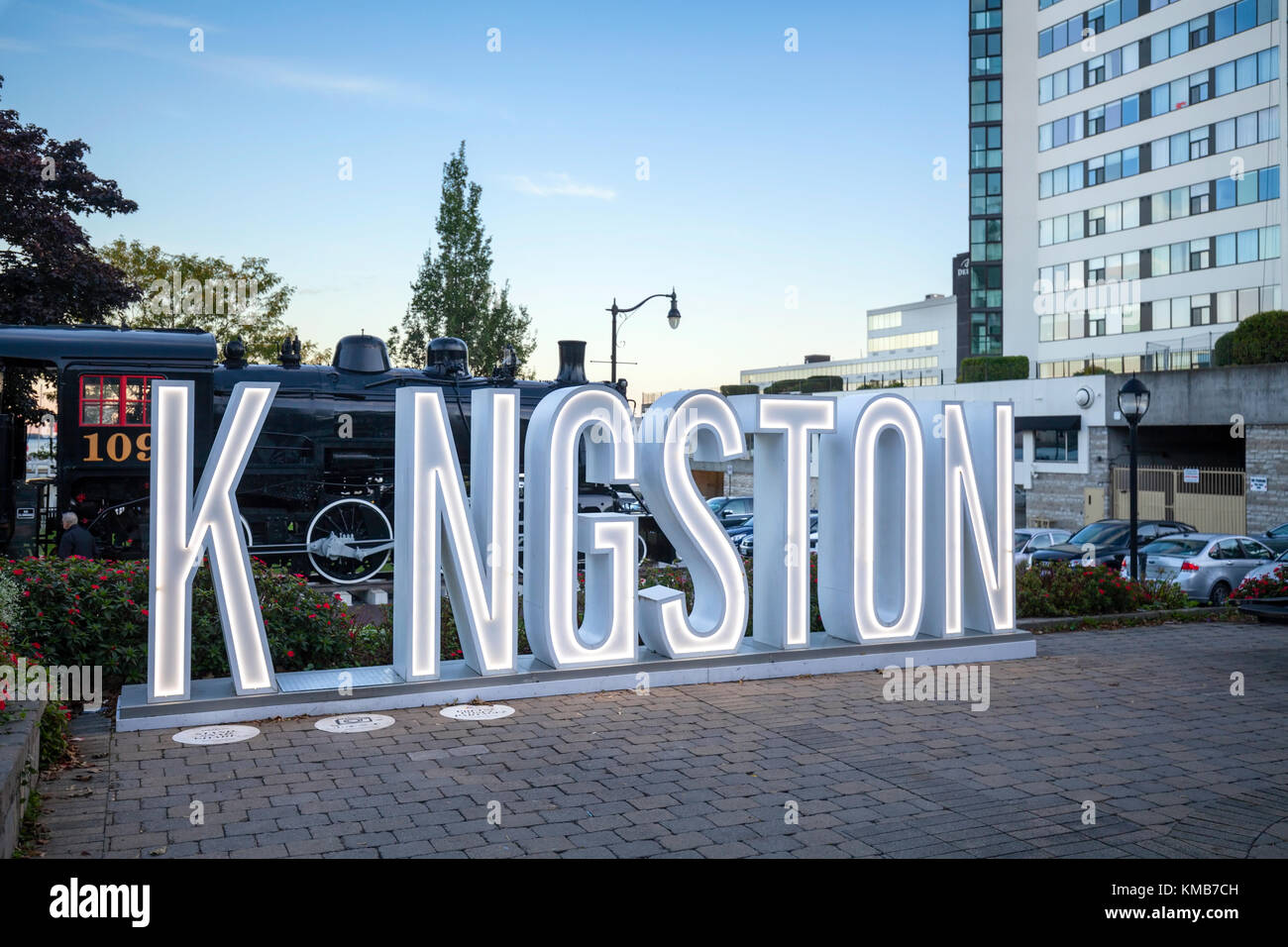 An illuminated sign for the city of Kingston called the 'I in Kingston' is a tourist attraction in downtown Kingston, Ontario, Canada. Stock Photo