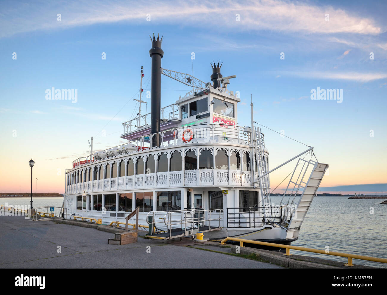 The Island Queen III is a cruise ship built in the Mississippi River boat style and docked at Crawford Wharf in the Confederation Basin. Stock Photo