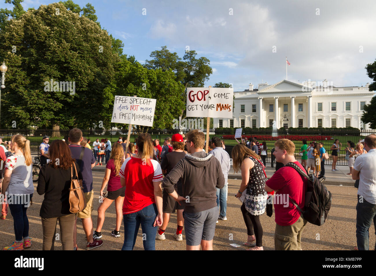 Protesters outside the White House is the official residence and workplace of the President of the United States, Washington DC. Stock Photo