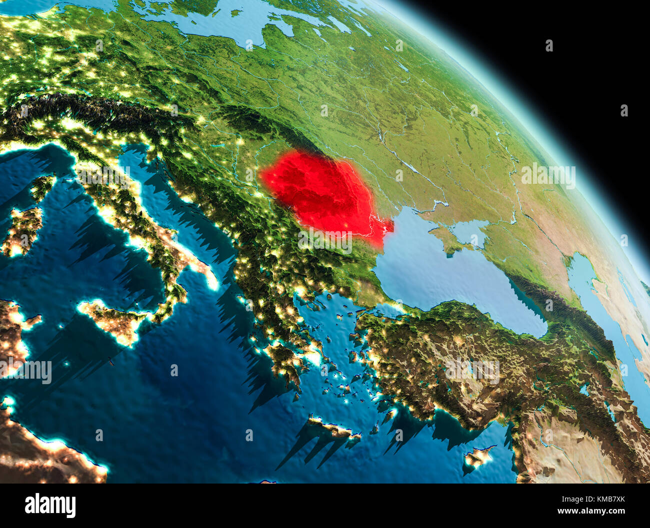 Satellite morning view of Romania highlighted in red on planet Earth. 3D illustration. Elements of this image furnished by NASA. Stock Photo