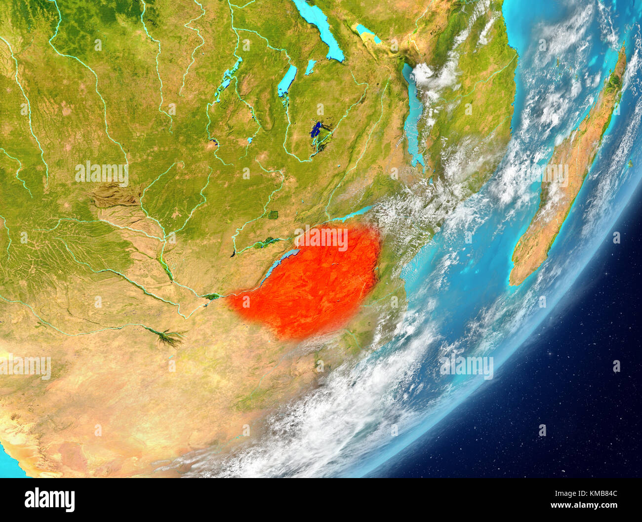 Satellite view of Zimbabwe highlighted in red on planet Earth with ...