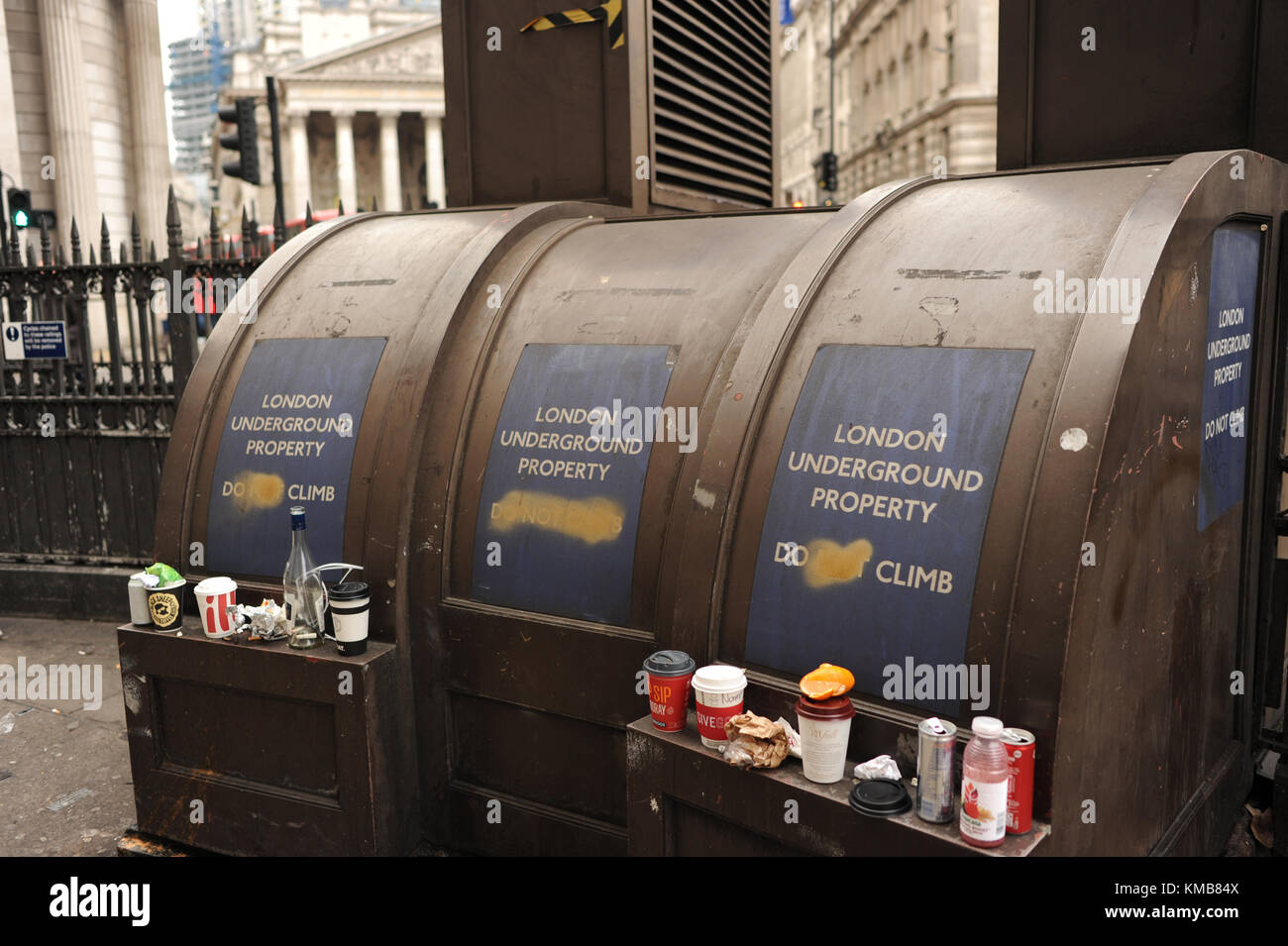 Litter is dumped outside Bank Underground Station in London, England Stock Photo