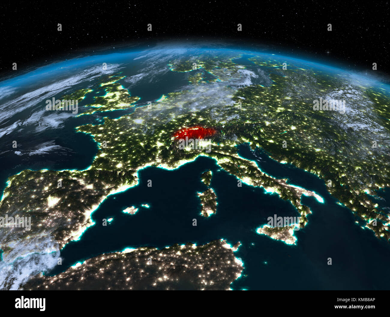 Satellite night view of Switzerland highlighted in red on planet Earth with  clouds. 3D illustration. Elements of this image furnished by NASA Stock  Photo - Alamy