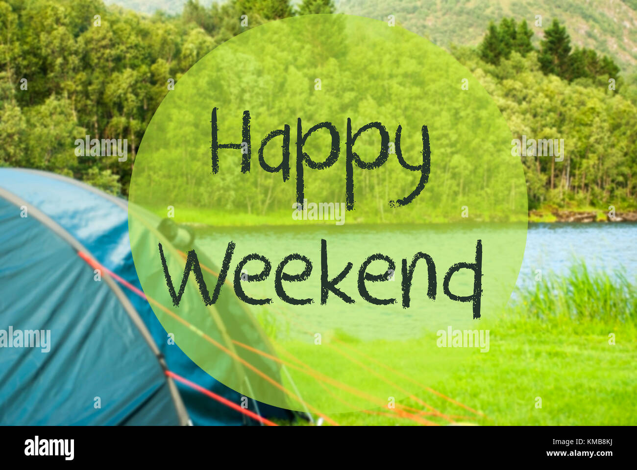 Lake Camping, Text Happy Weekend Stock Photo - Alamy