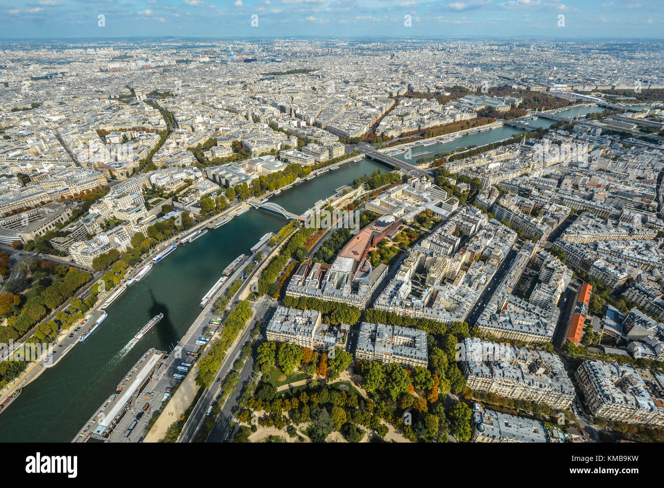 View of the city of Paris on a sunny day in early autumn from the 3rd, top level of the Eiffel Tower Stock Photo