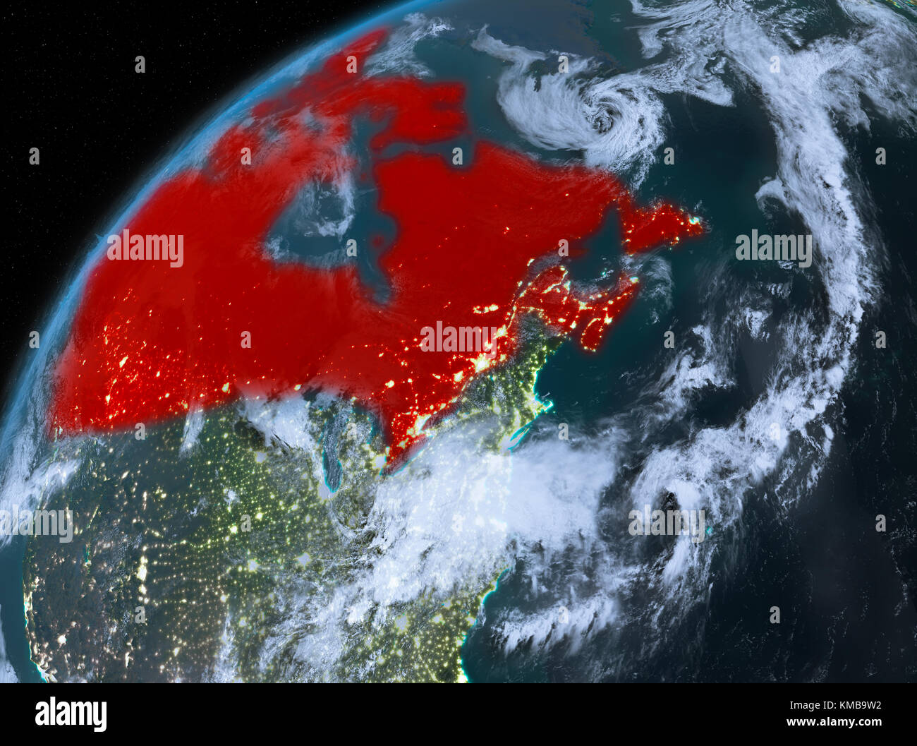Illustration of Canada as seen from Earth’s orbit at night. 3D illustration. Elements of this image furnished by NASA. Stock Photo
