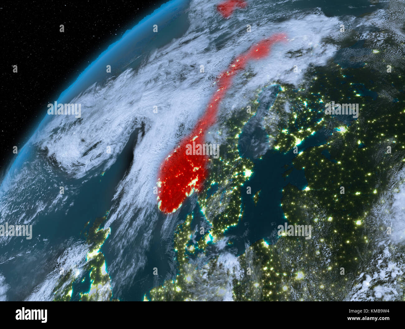 Illustration of Norway as seen from Earth’s orbit at night. 3D illustration. Elements of this