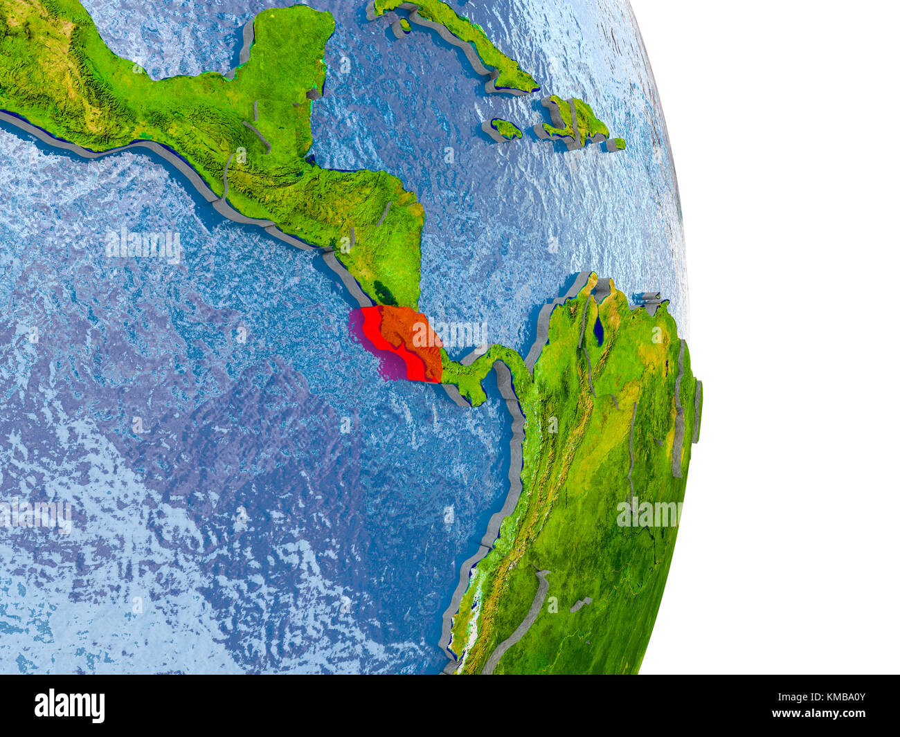 Costa Rica in red on model of globe with embossed countries and ...