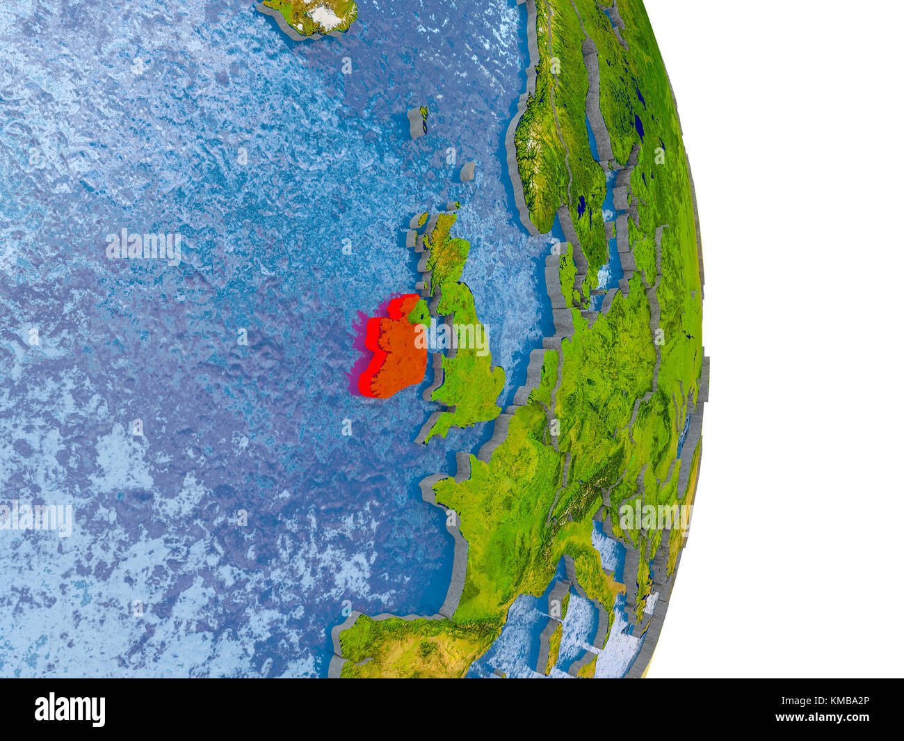Ireland in red on model of globe with embossed countries and realistic ...