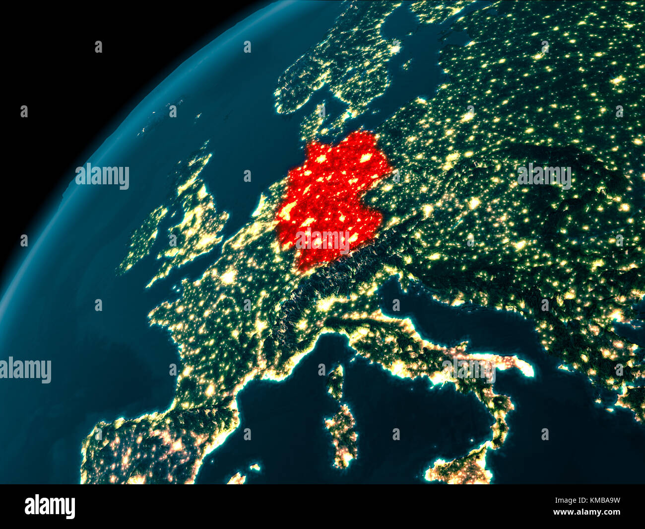 Night map of Germany as seen from space on planet Earth. 3D illustration. Elements of this image furnished by NASA. Stock Photo
