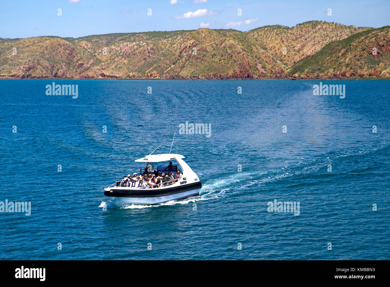 Boat on Talbot Bay, the site of the Horizontal Waterfalls, on the Kimberley coast Stock Photo