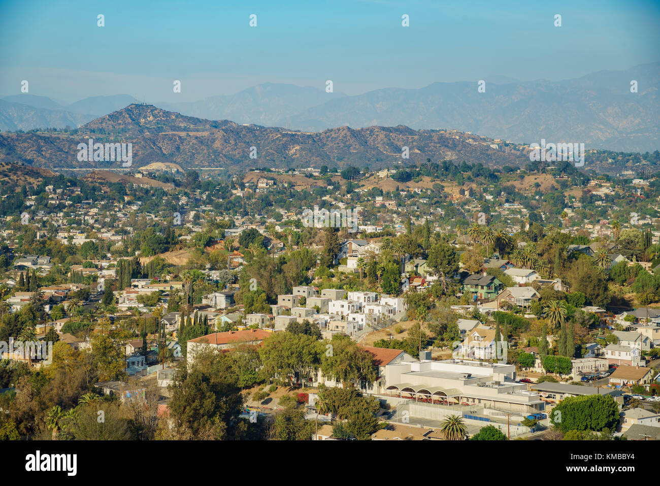 Aerial view of the cityscape of Highland Park, Los Angeles, California