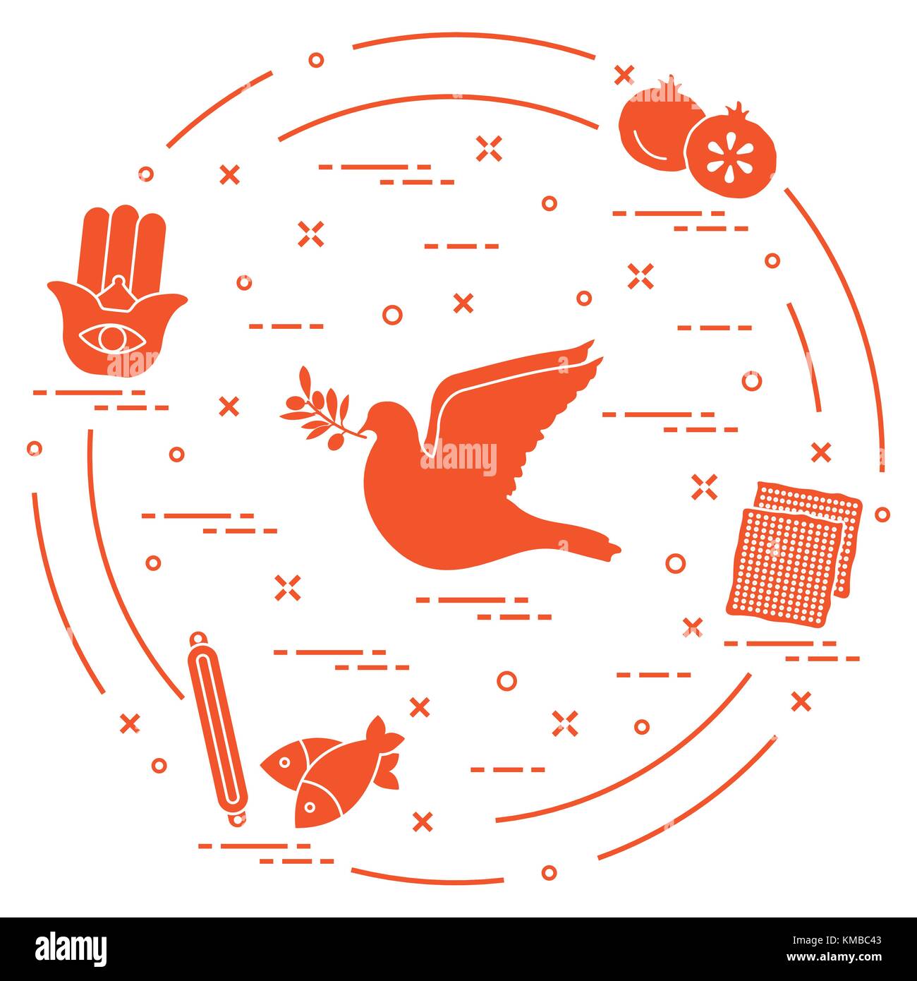 Jewish symbols dove, olive branch, pomegranate, matzah, fish, hamsa