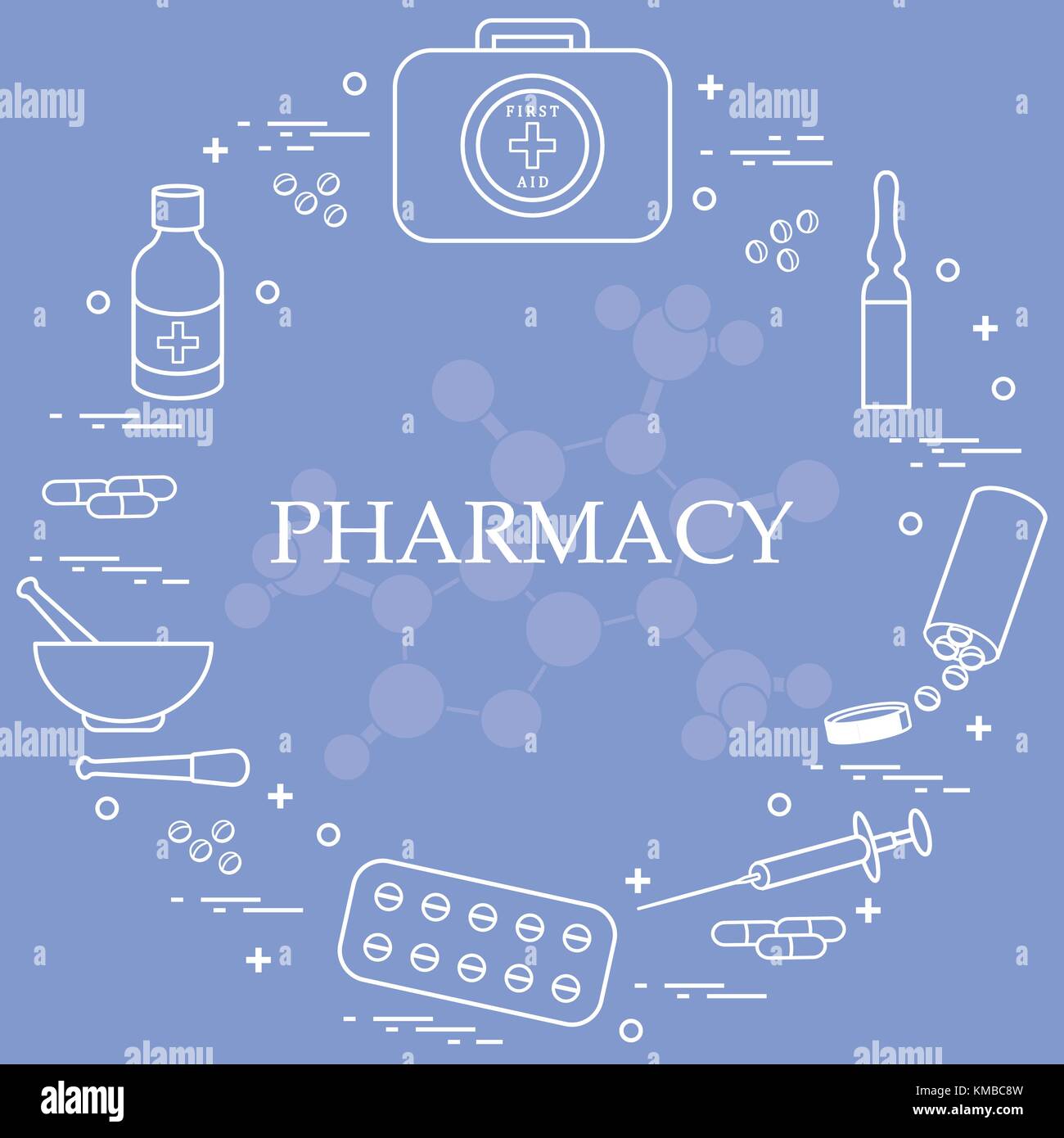 Set of various medical devices and drugs first aid kit arranged in a circle. Health and