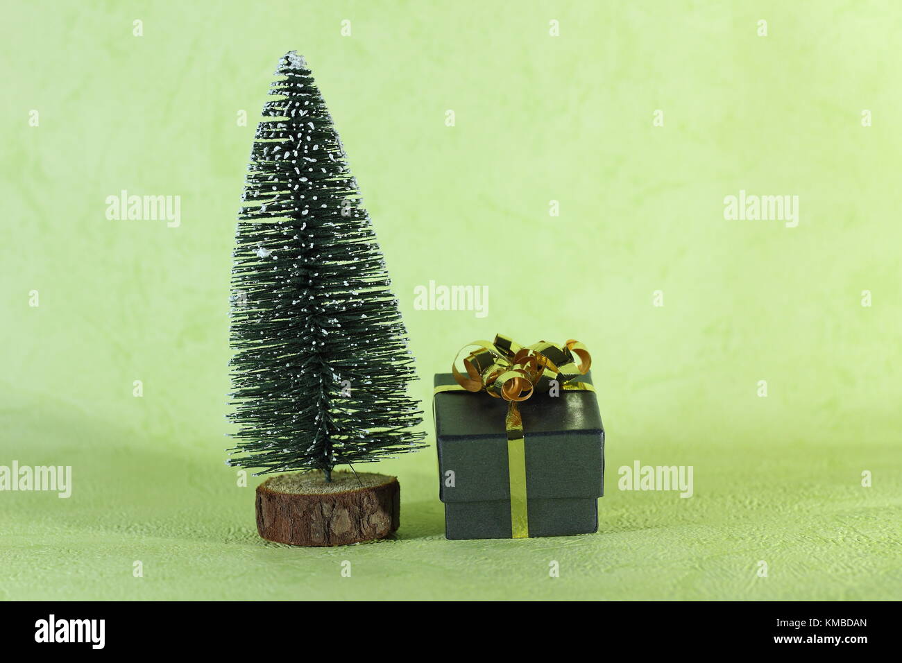 a small gift placed next to a Christmas tree decorative and miniature on green background Stock Photo