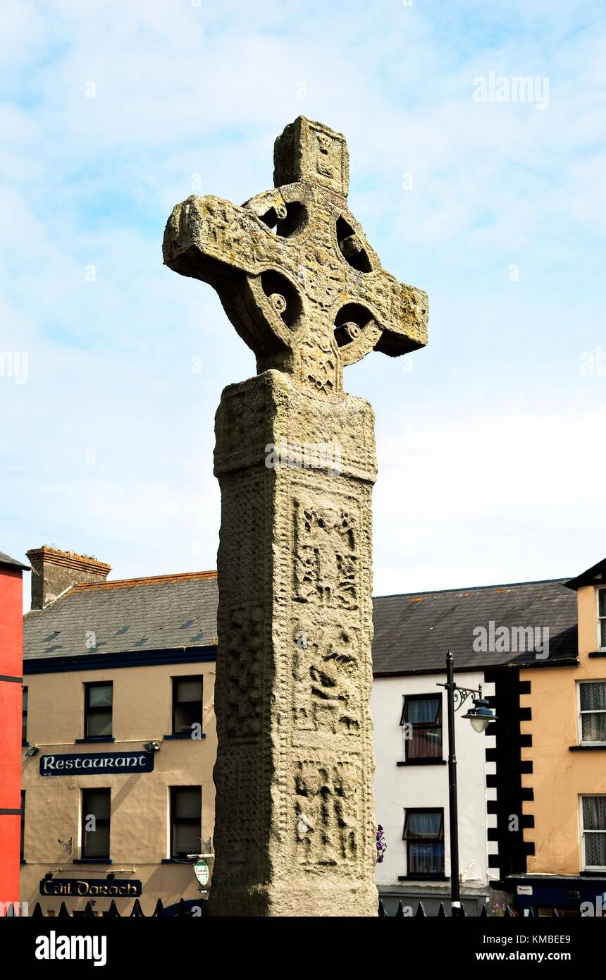 The 10th C. Celtic Christian High Cross in the Market Square of the town of Clones, County Monaghan, Ireland. Stock Photo