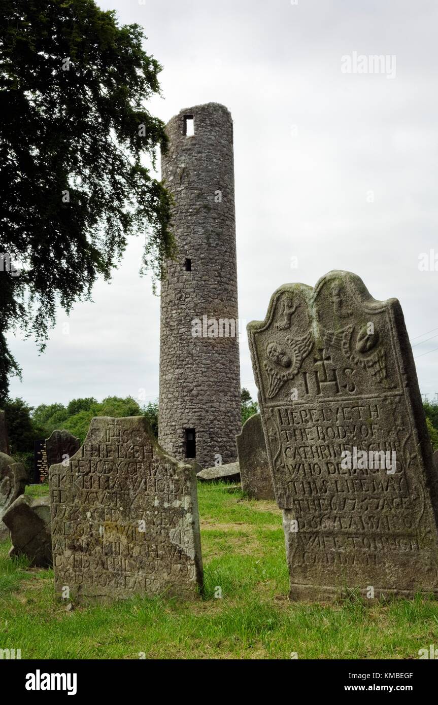 75 ft Celtic Christian round tower in the grounds of 6th C. monastery founded by St. Tighernach. Clones, Co. Monaghan, Ireland. Stock Photo