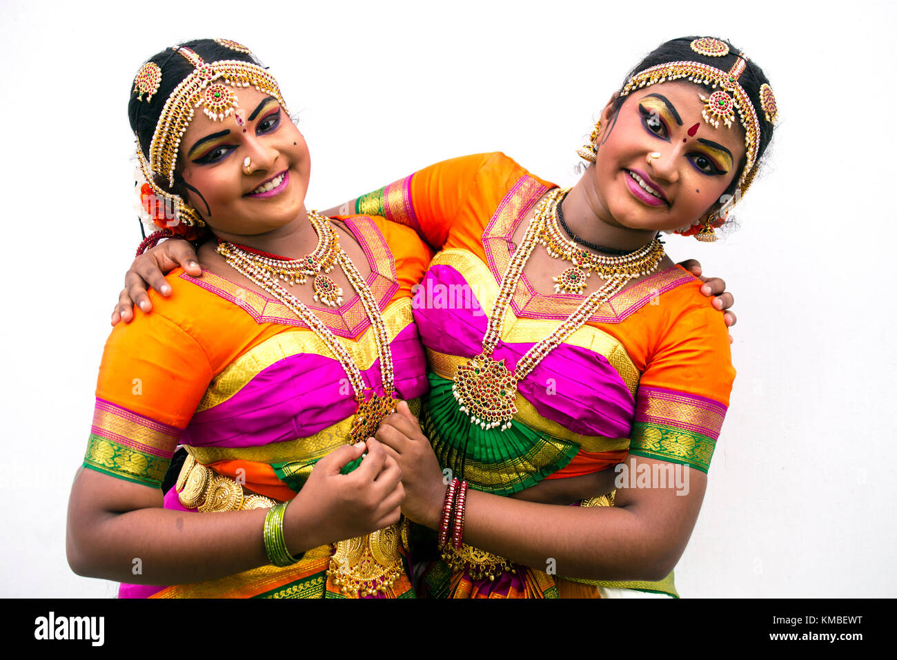 Portrait of young adult Indian performers in traditional costume during the Thaipusam festival and celebrations in Georgetown, Penang, Malaysia. Stock Photo