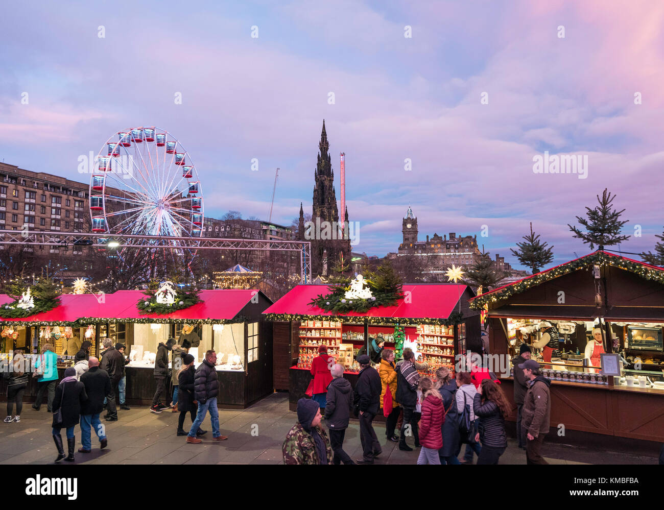Evening view of funfair at annual Edinburgh Christmas Market in