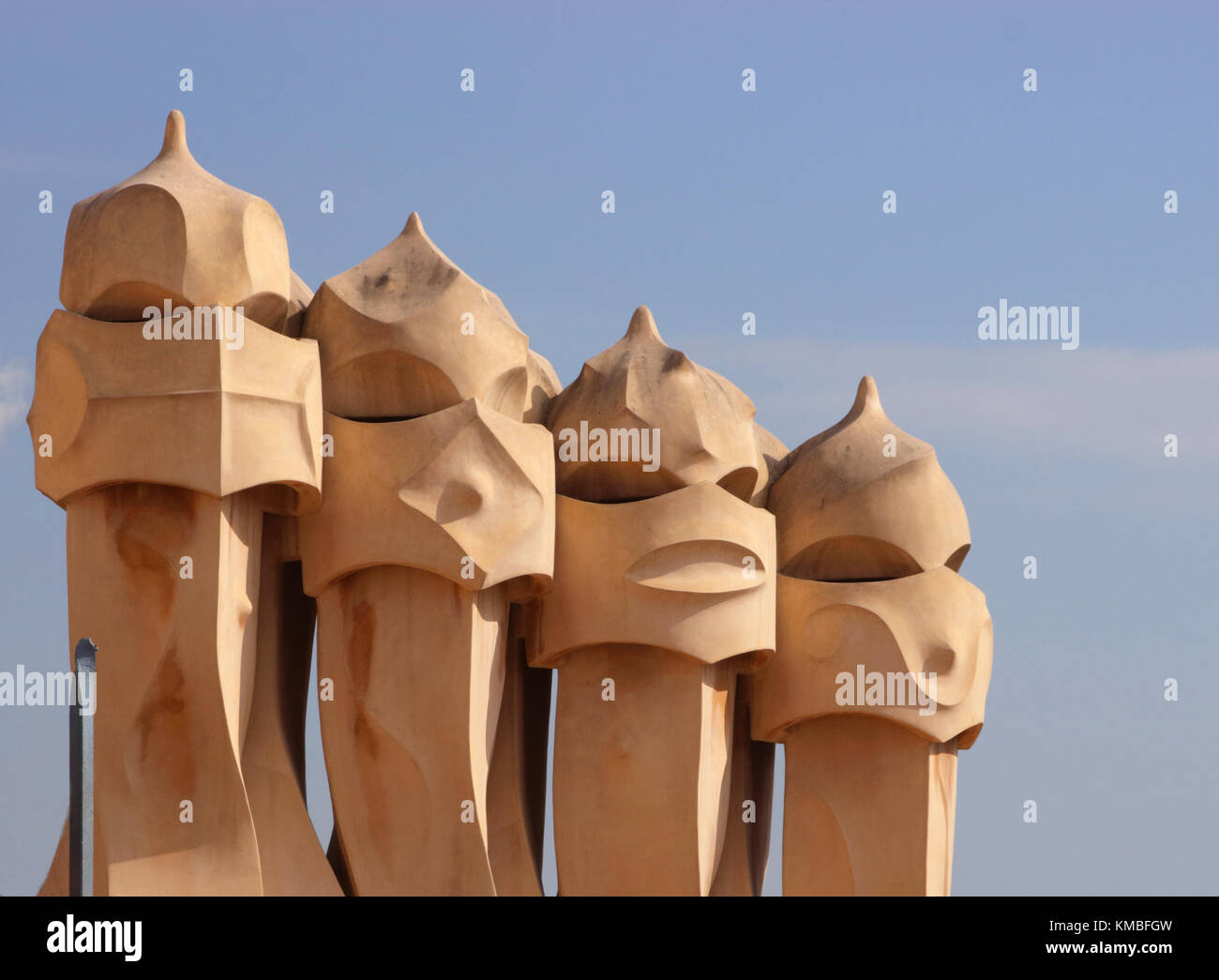 Sculpted chimneys on rooftop of La Pedrera Barcelona Spain Stock Photo