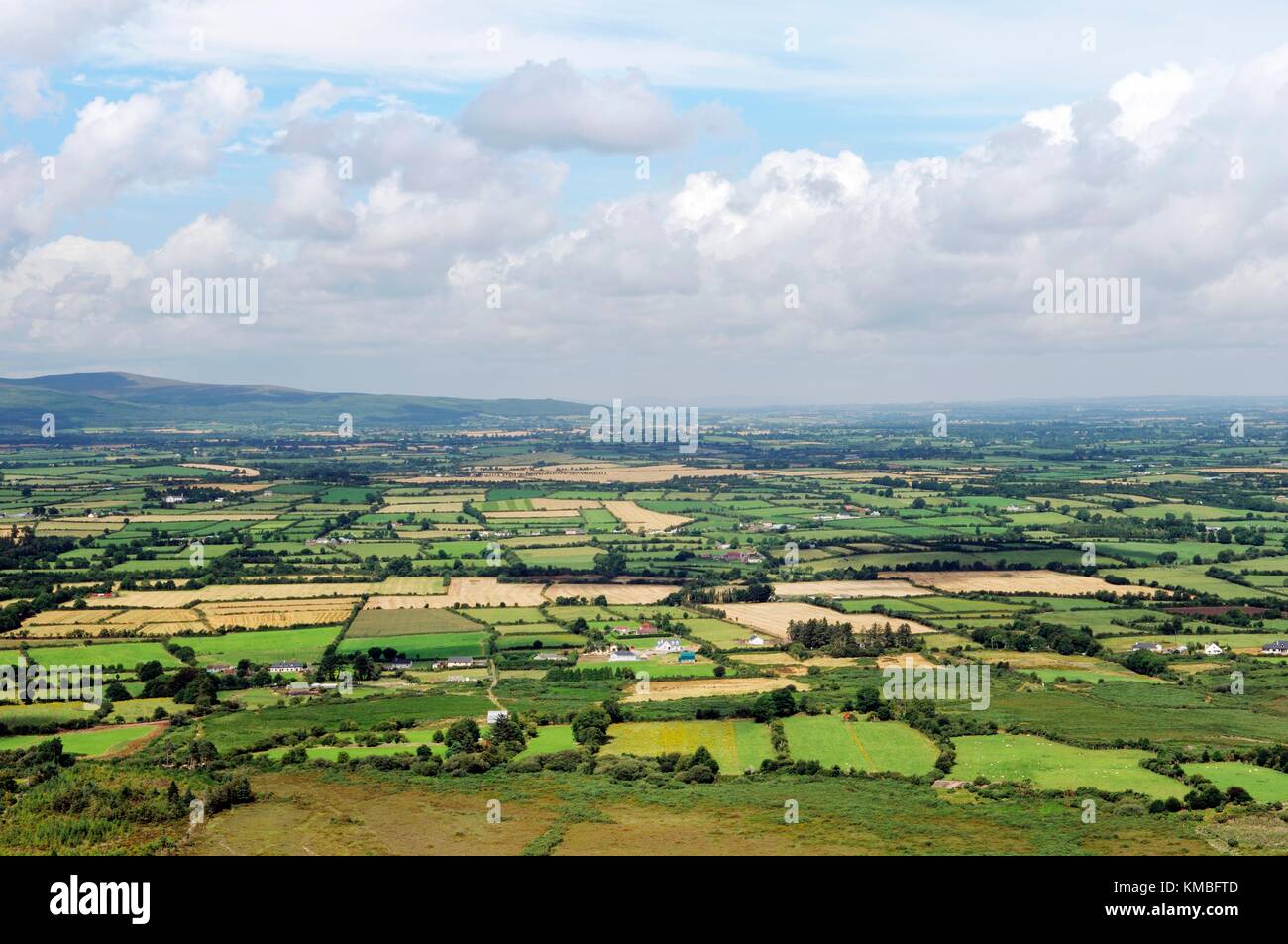 North over farmland toward Caher from Sugarloaf Hill in the Knockmealdown Mountains near Clogheen. Co. Tipperary, Ireland. Stock Photo