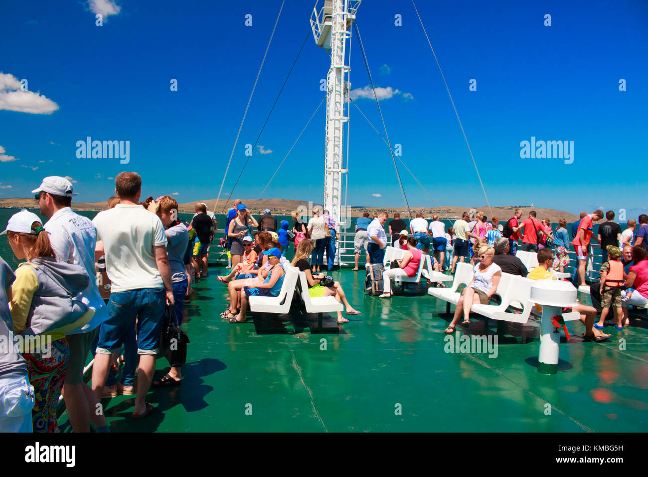 Russia Crimea Kerch Strait July 23 2016: people on the ferry crossing from the port of the Caucasus to the port of Crimea Stock Photo