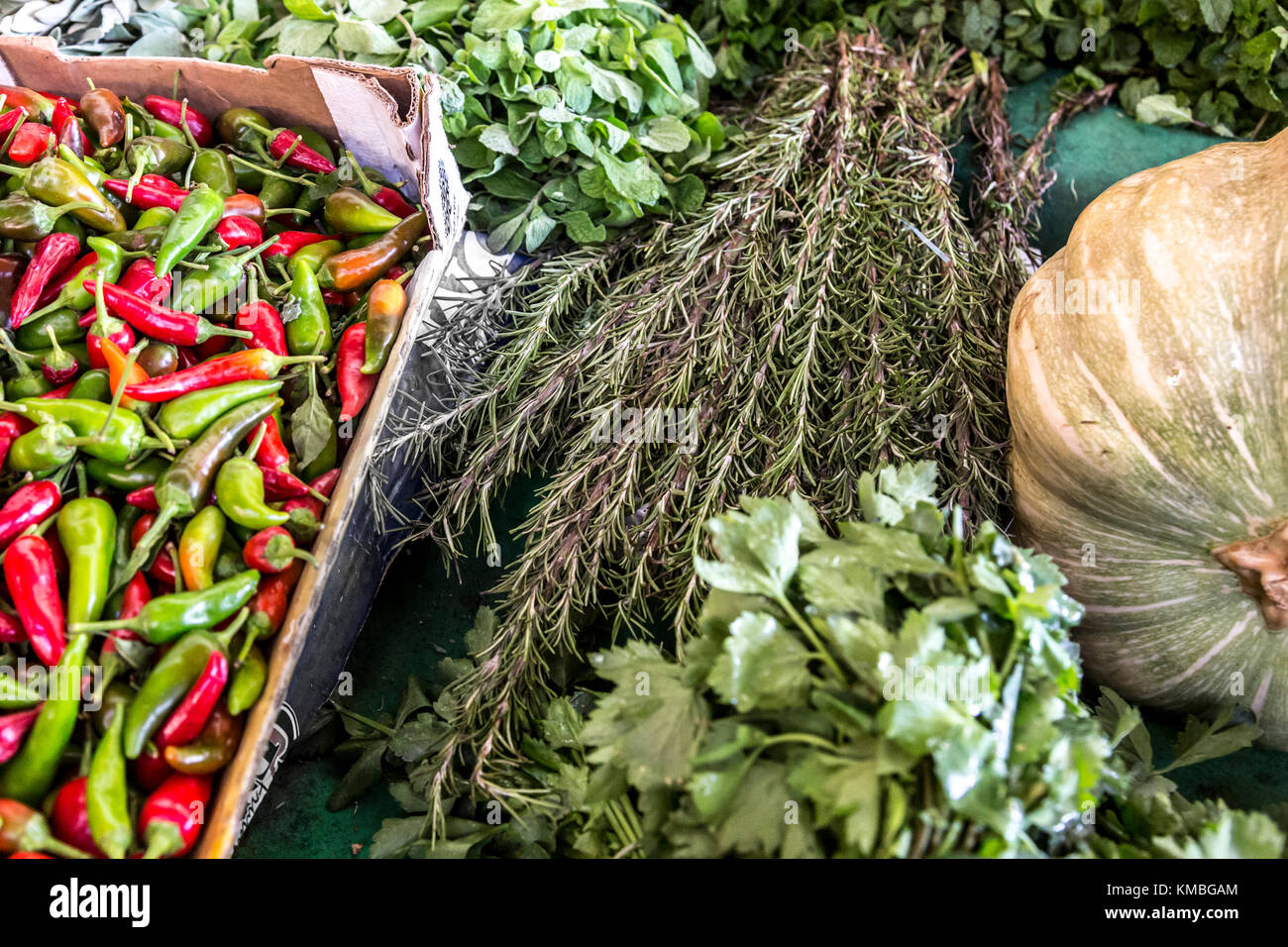 Fresh herbs and vegetables on a market Stock Photo Alamy