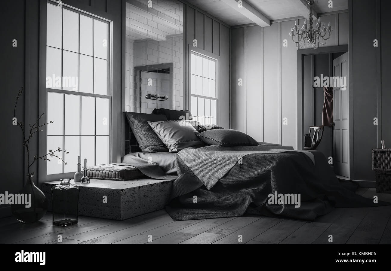 Modern Bedroom Interior With Large Mirror Above The Double