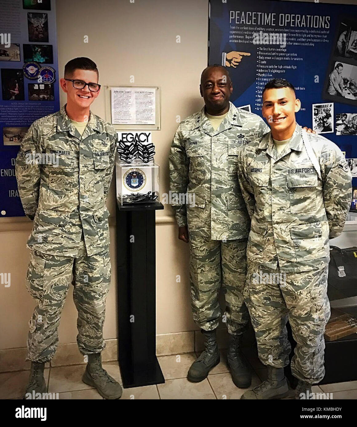 U.S. Air Force Maj. Gen. Mark Brown, deputy commander of Air Education and Training Command, stands with Airman 1st Class Michael Shoemaker and Airman 1st Class Anthony Robbins, founder and cofounder of the Legacy Stripes Program, June 13, 2017, at Joint Base San Antonio-Fort Sam Houston, Texas. To honor the legacy that service members create, Shoemaker and Robbins while still in technical training, saw an opportunity to encourage the donation of more than 1,000 sought-after stripes within a six-month period. Stock Photo