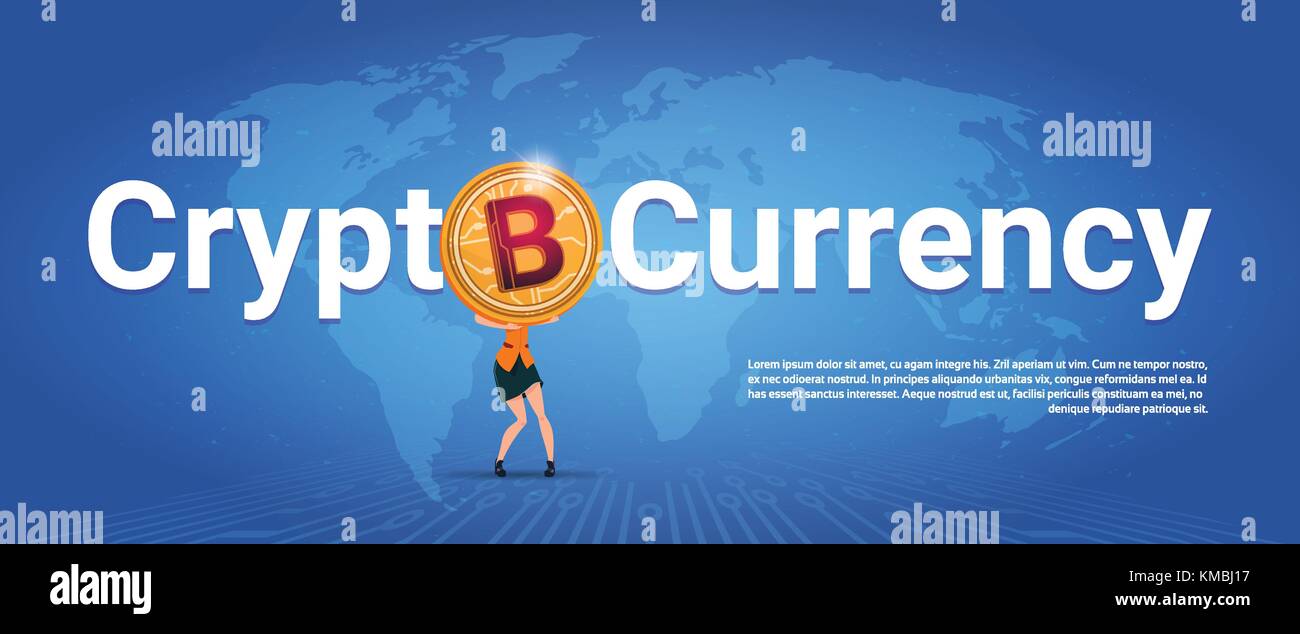 Crypto Currency Horizontal Banner Woman Holding Golden Bitcoin Over World Map Background Digital Web Money Concept Stock Vector
