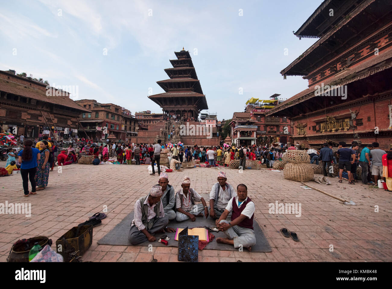 Singers in front of Nyatapola Temple in Taumadhi Square, Bhaktapur, Nepal Stock Photo