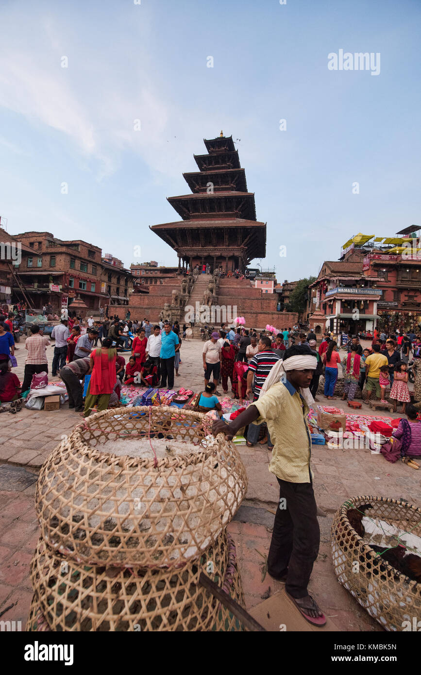 Bustling market in front of Nyatapola Temple in Taumadhi Square, Bhaktapur, Nepal Stock Photo