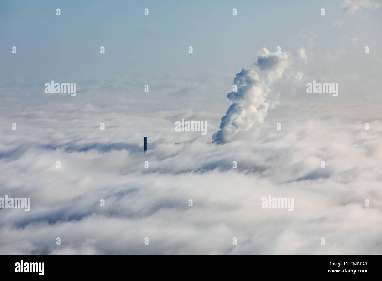 RWE power plant Westfalen, Wolkendecke, the power plant stands out from the low cloud cover, Hamm, Ruhr Area Stock Photo