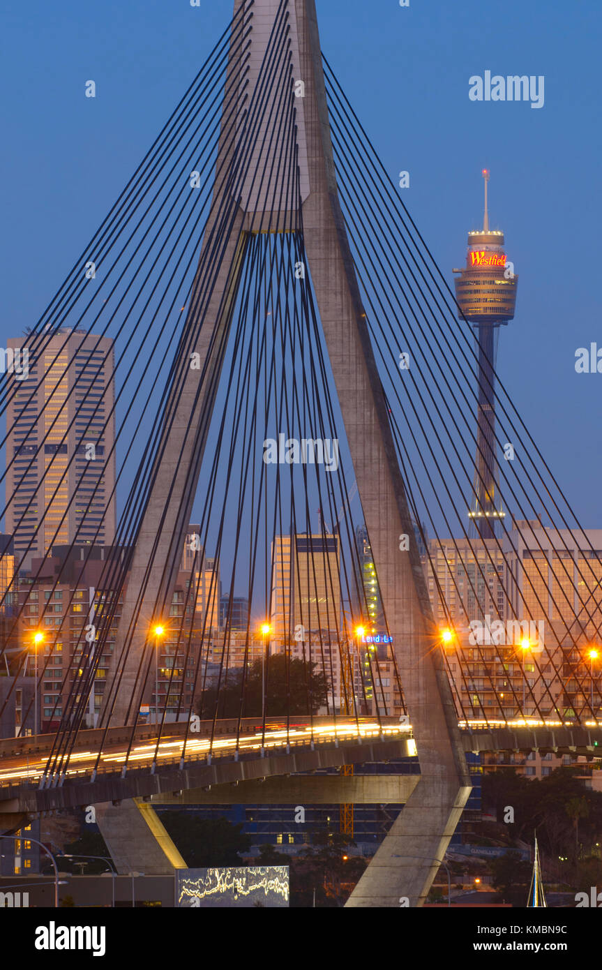Anzac Bridge and Sydney Tower at Night, Glebe, Sydney, New South Wales (NSW), Australia Stock Photo