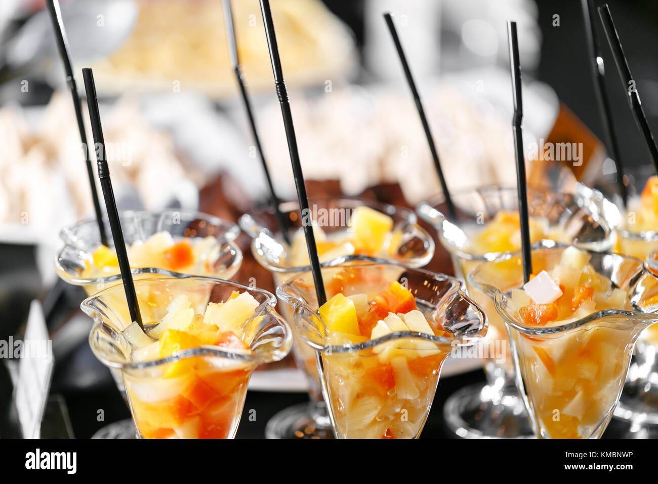 Dessert with pieces of fruit. Morning hotel breakfast buffet. Dessert