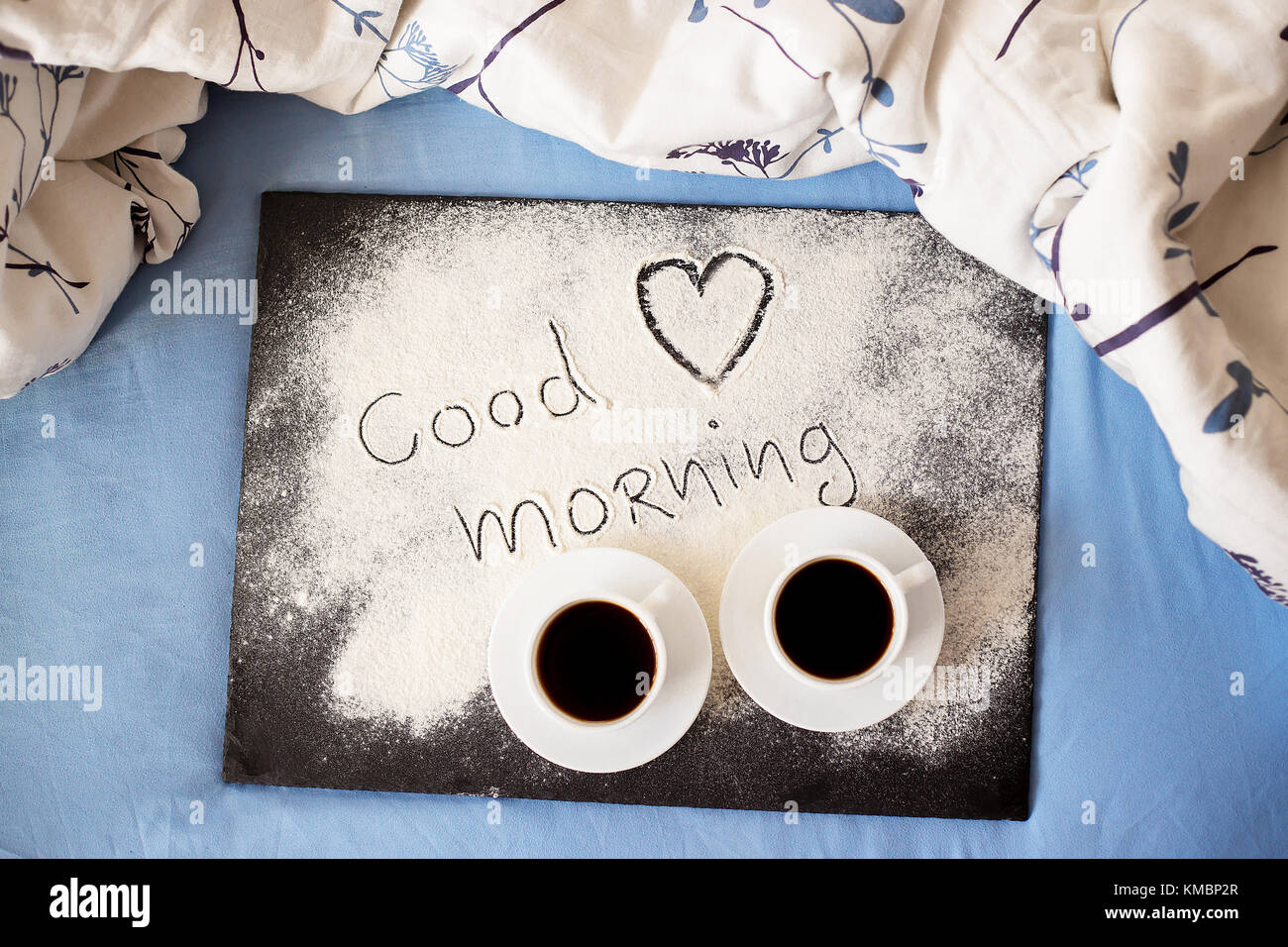good morning inscription flour on a board-Valentine's day, sunny morning Stock Photo
